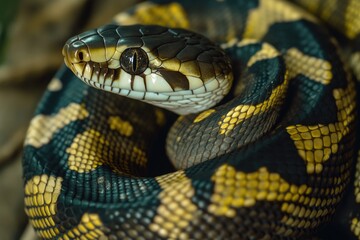 Fototapeta premium A close-up view of a snake coiled on a blanket, great for wildlife or nature-related designs