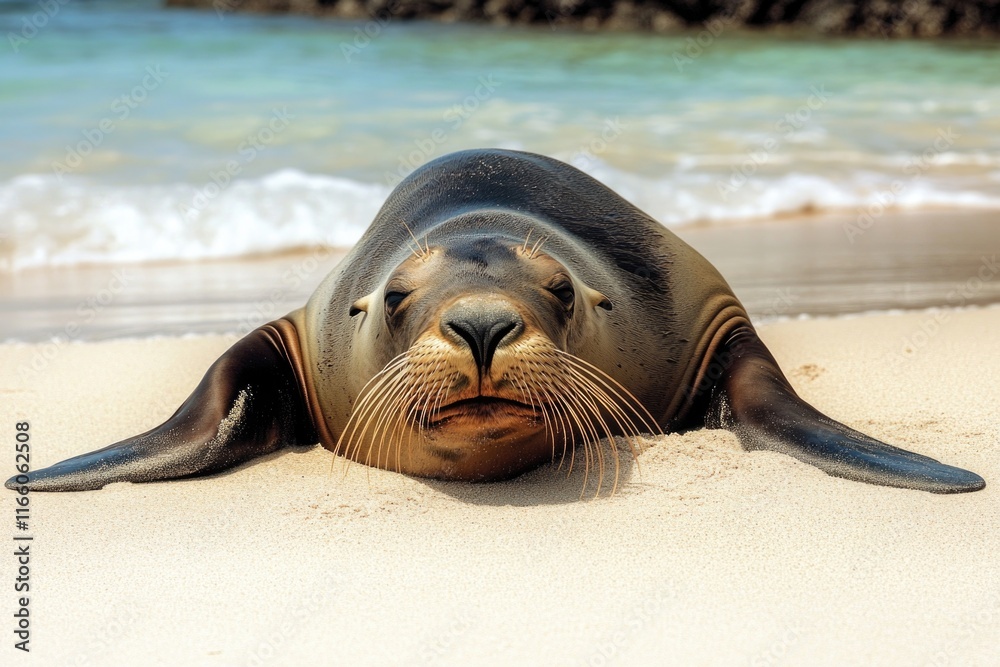 Poster a seal relaxing on a sandy beach with the ocean in the background
