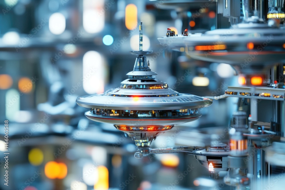 Poster a model of a flying saucer being manufactured in a factory setting