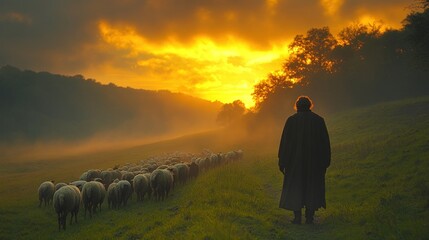 Shepherd leads sheep at sunset, golden light.