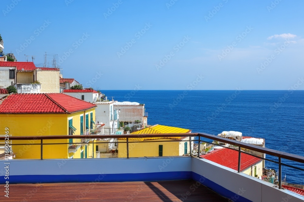 Poster a balcony with a view of the ocean, perfect for relaxation or taking in the sunset