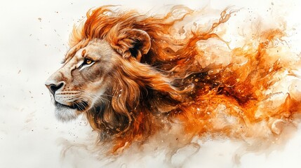 Majestic lion, fiery mane, watercolor art.