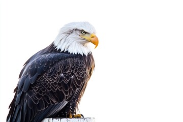 Obraz premium A bald eagle sits atop a wooden post, looking out at the surrounding environment