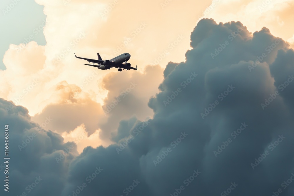 Poster an airplane soars through a cloudy sky as the sun sets, creating a beautiful atmospheric scene