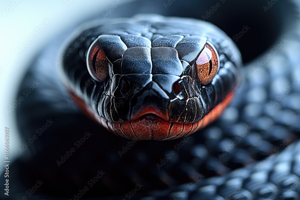 Poster a close-up shot of a snake's head with distinctive red eyes