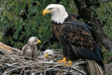 Fototapeta premium A majestic bald eagle sits atop its nest, showcasing its majesty and strength