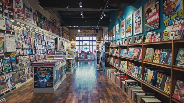 A vibrant and inviting comic book store, brimming with colorful graphic novels, posters, and shelves overflowing with stories.