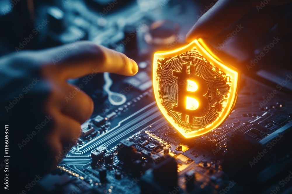 Poster a person's hand touches a bitcoin symbol on a computer motherboard, suitable for tech and finance il