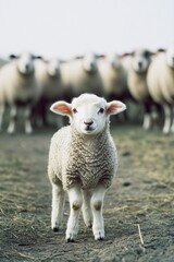 Fototapeta premium A group of sheep peacefully grazing on a lush green meadow