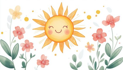 Hand Drawn Sun And Flowers Design Imprint For T-Shirt Print, Children'S Clothing Fashion, And Baby Shower Invitation Card. Cute And Playful.