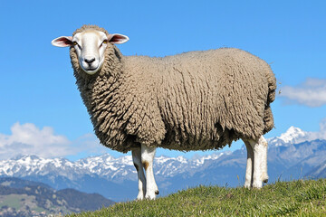 Obraz premium Sheep grazing on a sunny hill against blue sky