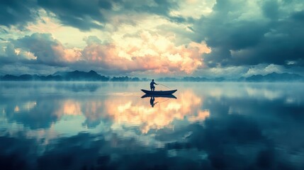 Fototapeta premium Fisherman Casting Line from Boat in Serene Lake