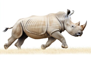 Obraz premium A rhino runs freely in a green meadow on a bright white background