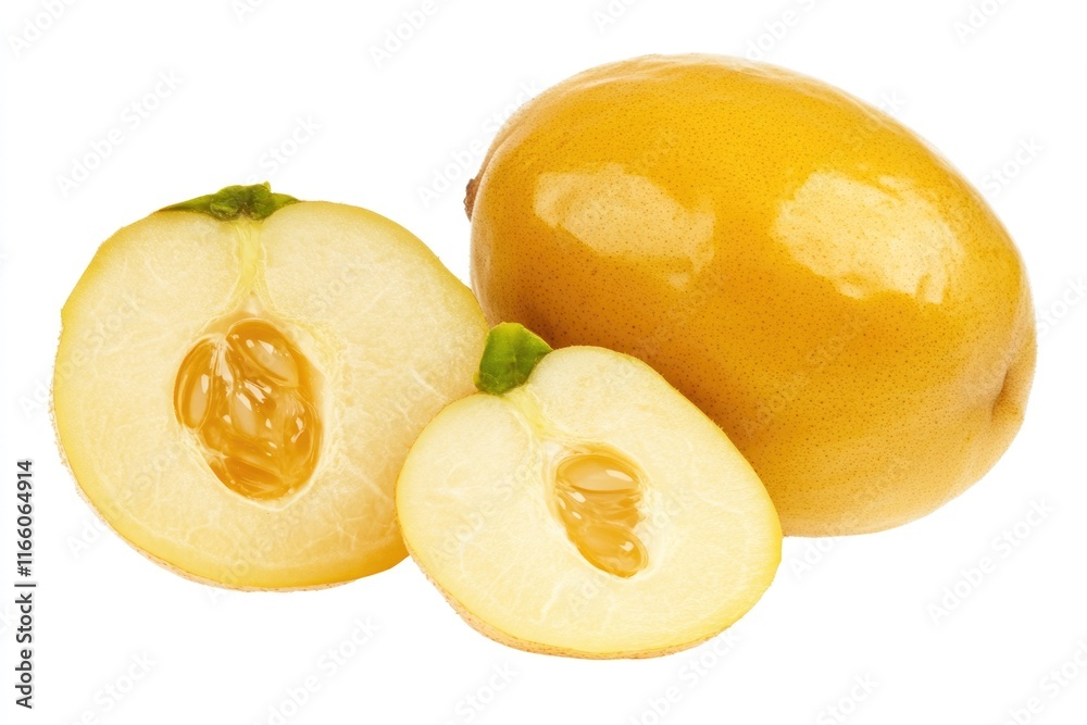 Poster a close-up view of a fruit with a slice cut in half, perfect for use in food or still life photograp
