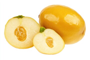 A close-up view of a fruit with a slice cut in half, perfect for use in food or still life photography