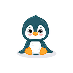 Cute cartoon penguin isolated on white. Funny penguin sitting. Animal in flat style for children books, magazines, greeting cards, and winter designs. 