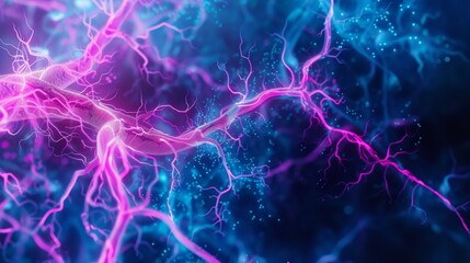 Pink and blue futuristic neuron sending electrical brain signals in a dark background, perfect for wallpapers and science projects