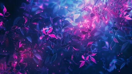 Pink neon flowers shining on a magical dark blue background with bright spots, perfect for a wallpaper