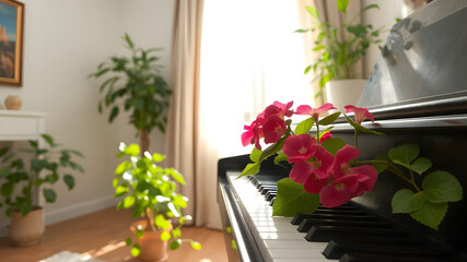 A picture in living room  and sunlight shining through and a piano keyboard with some green leaves and red-rose geranium flowers on it, few green plants, Relaxing and Peaceful Morning in a harmonious 