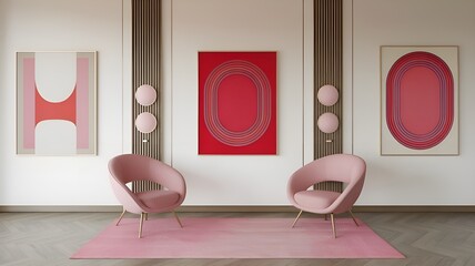 A sleek, minimalist background for a Zoom room with pink accents in a modern gallery style, featuring generative art