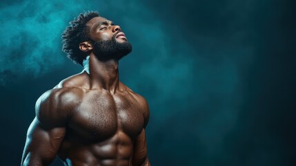 A powerful portrait of a muscular man surrounded by dramatic light and smoke, evoking a sense of strength, confidence, and determination with a captivating expression.