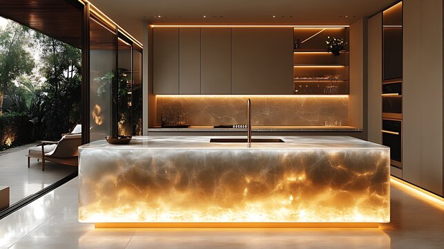 Modern kitchen island with backlit onyx countertop, sleek cabinetry, and garden view.