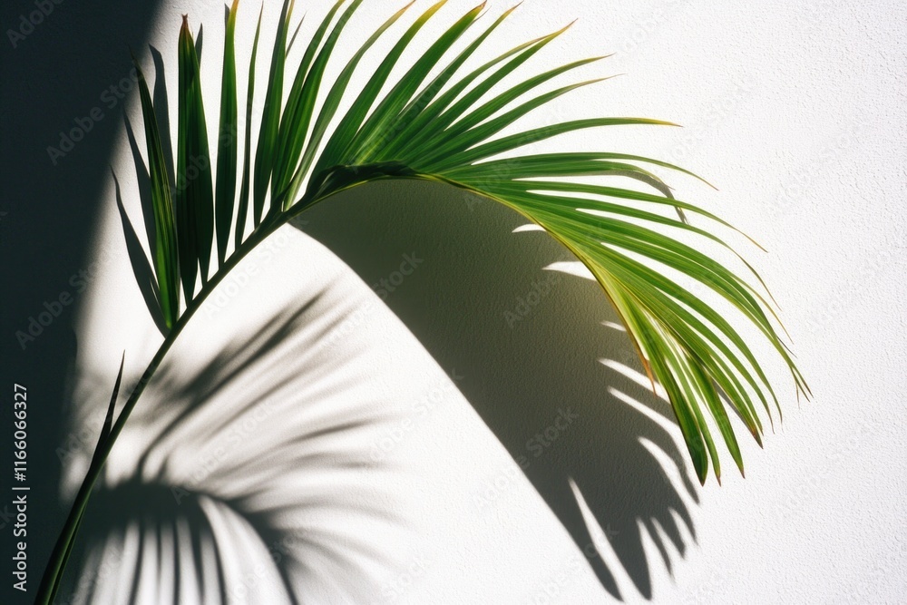 Poster a single palm leaf casts a long shadow on a clean white wall, ideal for use in minimalist designs an