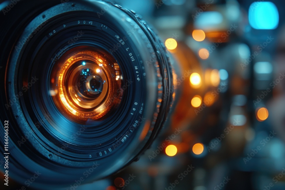 Aufkleber A close-up shot of a camera lens with lights in the background, suitable for use in photography or technology related contexts