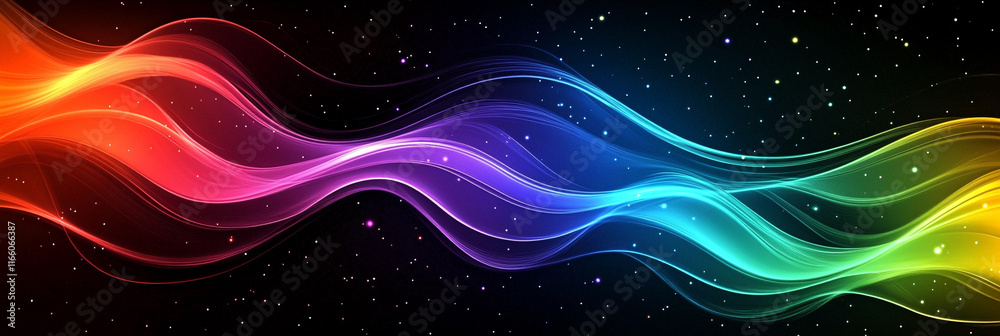 Poster colorful waves of light flow across a dark background