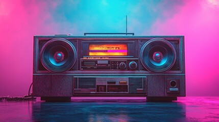 Fototapeta premium Retro boombox with vibrant neon background.