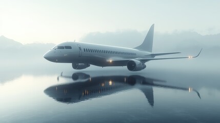 Obraz premium A Tranquil Scene of a Plane Resting on a Misty Lake Surrounded by Ethereal Fog Evoking a Sense of Peace and Stillness in Nature's Embrace