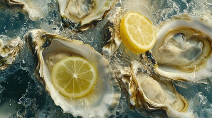 Freshly Shucked Oysters with Lemon Slices on Ice