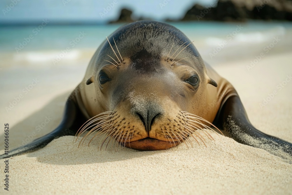 Poster a close-up view of a seal on a sandy beach, with calm waves in the background