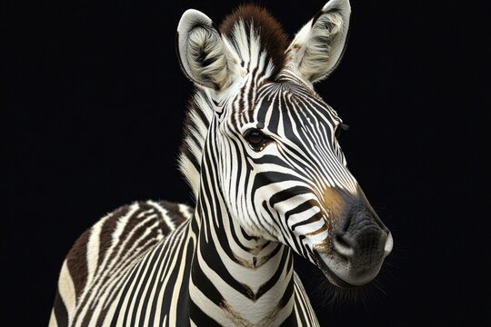 A close-up shot of a zebra's face on a black background