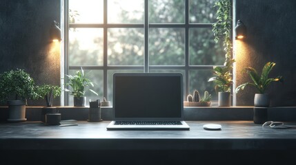 Fototapeta premium Modern Workspace Featuring a Laptop on a Desk Bathed in Natural Light from a Window Creating a Productive and Inviting Office Environment