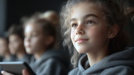 Obraz premium Curious Little Girl Engaged with Mobile Technology in Bright Classroom Setting Exploring Learning Opportunities and Embracing Digital Education Tools