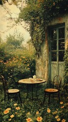 Obraz premium Tranquil Garden Tea Party Setting Near An Old Door