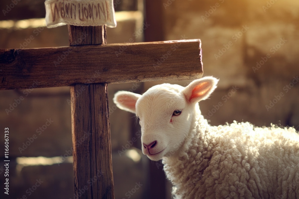 Poster a sheep stands next to a wooden cross in a simple yet powerful scene