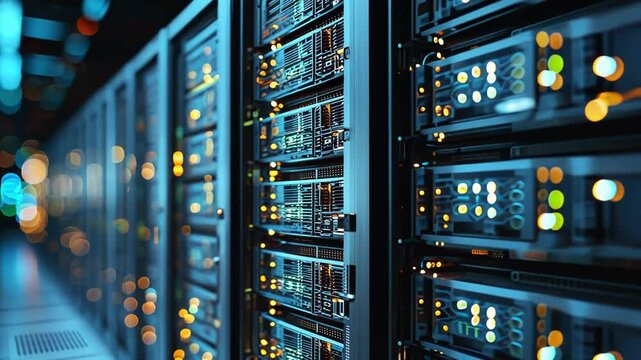 A close up view of a modern data center with illuminated server racks