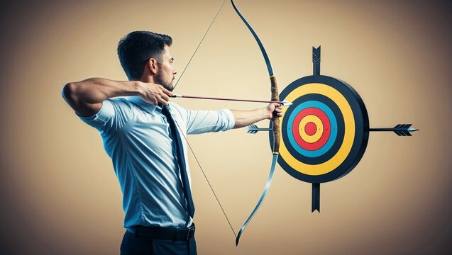 Silhouette of a woman archer aiming with bow and arrow at target in archery competition