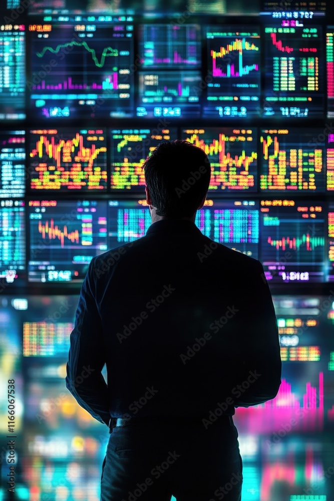 Poster a person standing in front of multiple computer monitors, great for tech-related or futuristic conce