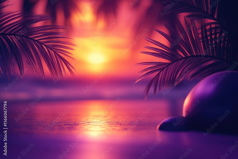 Poster a serene landscape of a sunset with palm trees in the foreground, perfect for use in travel or natur