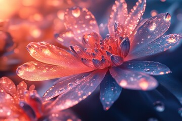 Fototapeta premium A beautiful macro shot of a flower with water droplets glistening on its petals, perfect for use in editorial or commercial contexts