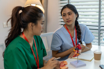 Obraz premium A doctor is showing a model of a heart to a patient. The doctor is wearing a white lab coat and has a pen in his hand. The patient is looking at the model with interest 