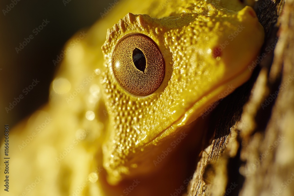 Poster a close-up view of a frog's eye perched on a tree branch