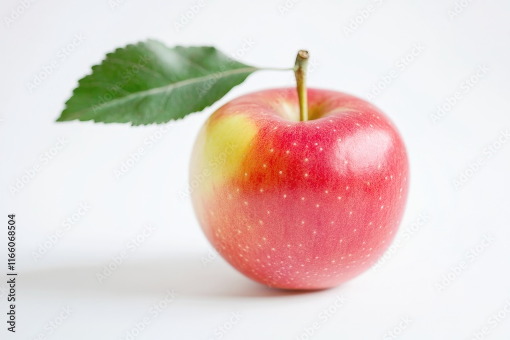 Poster a single red apple with a green leaf on a white background