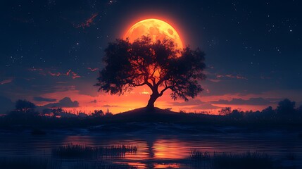 Blood moon rising over a lone tree silhouetted against a dark, starry sky reflected in still water.
