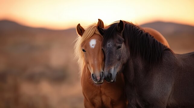 Two horses stand closely side by side, their heads touching, basking in the warm glow of sunrise, symbolizing companionship and the beauty of nature's dawn.
