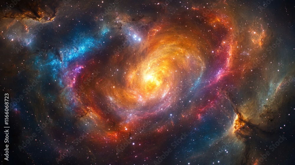 Poster a vibrant and stunning representation of a spiral galaxy with stars shining brightly in the backgrou