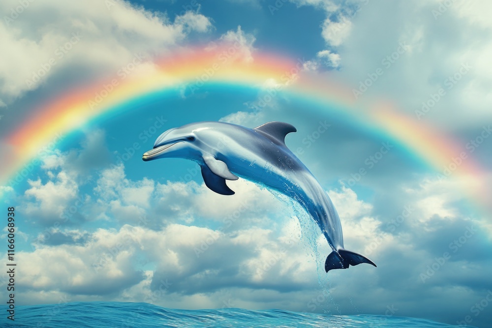 Poster a dolphin leaping from the ocean, accompanied by a colorful rainbow in the background